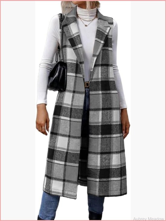 Jackets & Blazers - Long Plaid Vest Sleeveless Blazer Jacket Open Front Cardigan